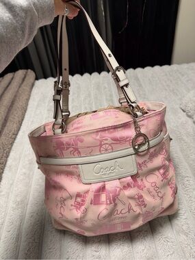 Coach Pink Signature Shoulder Tote with White Trim and Logo Charm